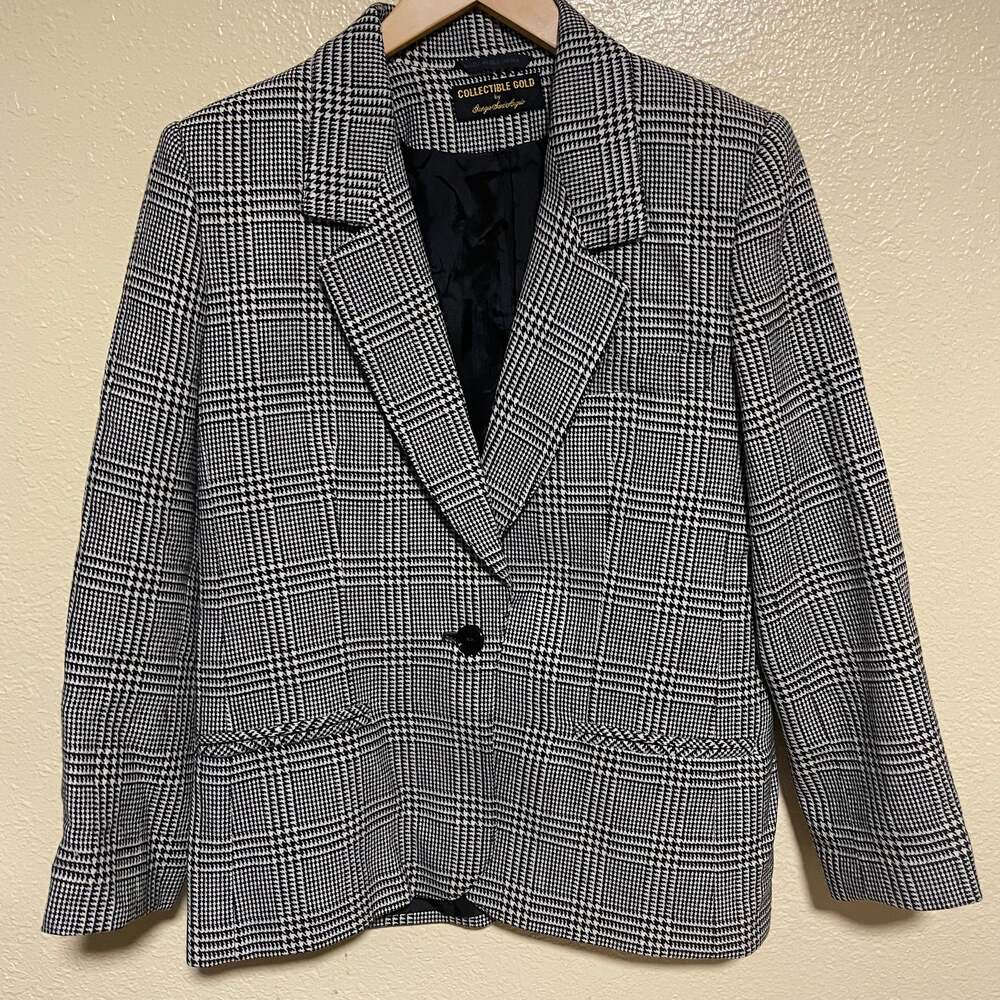 Wool Vintage Plaid Houndstooth Jacket Blazer Chic Collectible Gold Size 10
